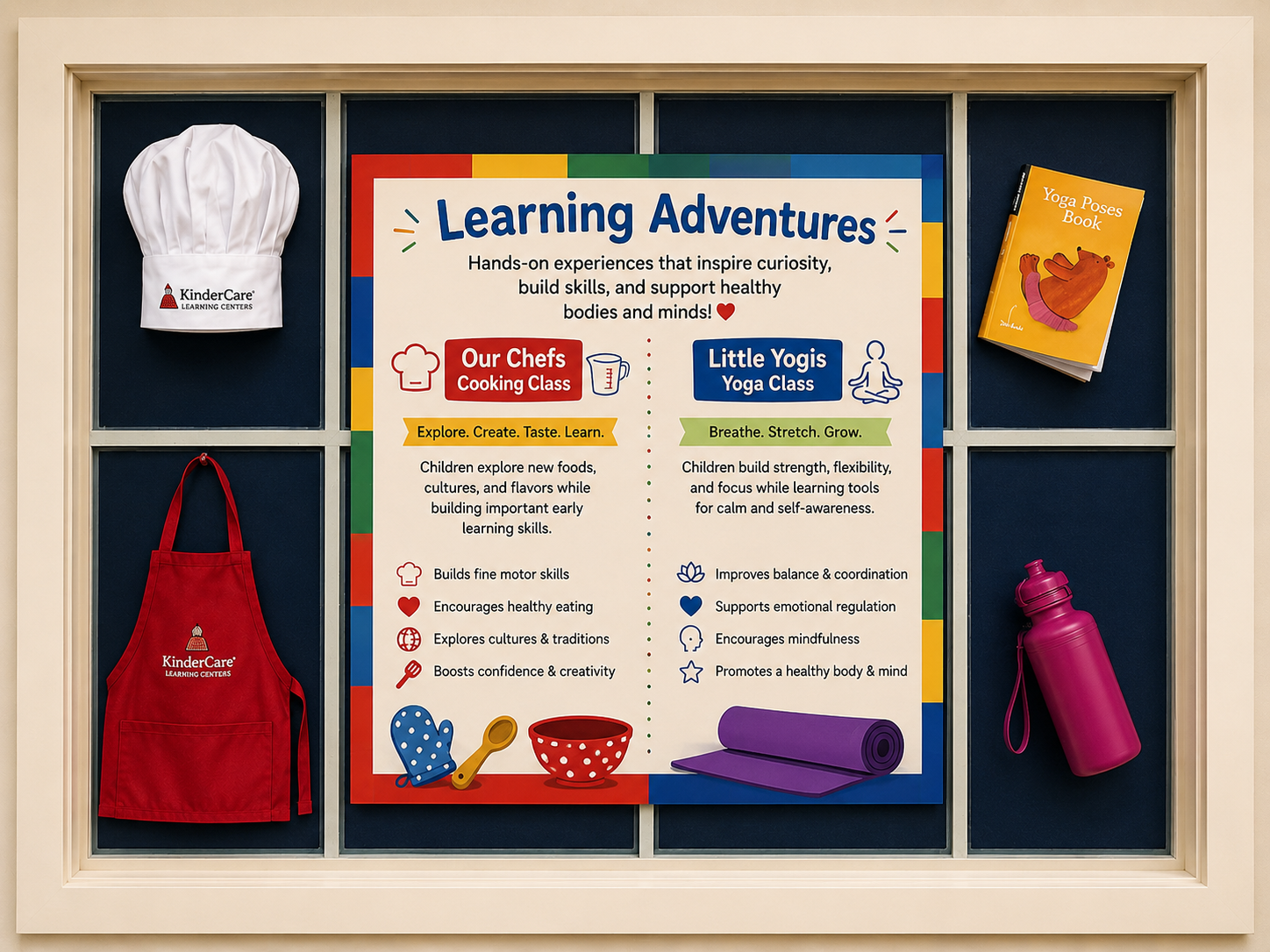 Learning Adventures program board with chef hat, apron, yoga book and water bottle displayed at the center