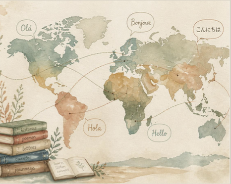 A soft watercolor world map with continents connected by delicate arcs and greetings in multiple languages, beside a small stack of books labeled histories, poems, letters, journeys — learning without borders.