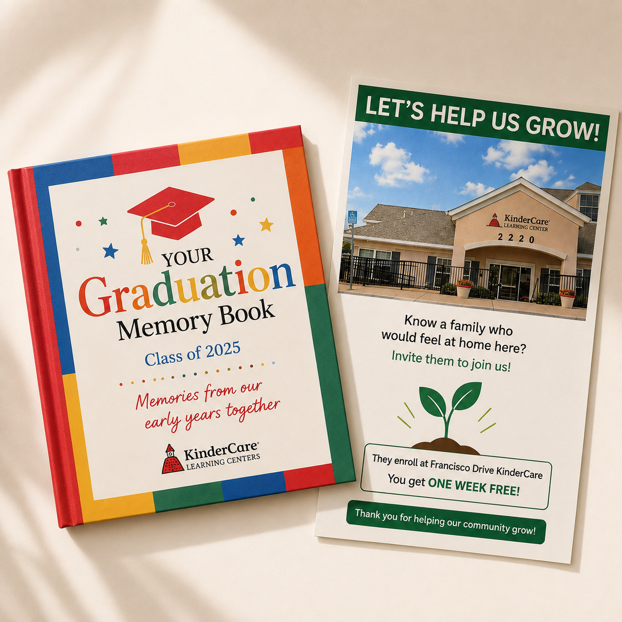 Graduation Memory Book cover beside a family referral campaign flyer