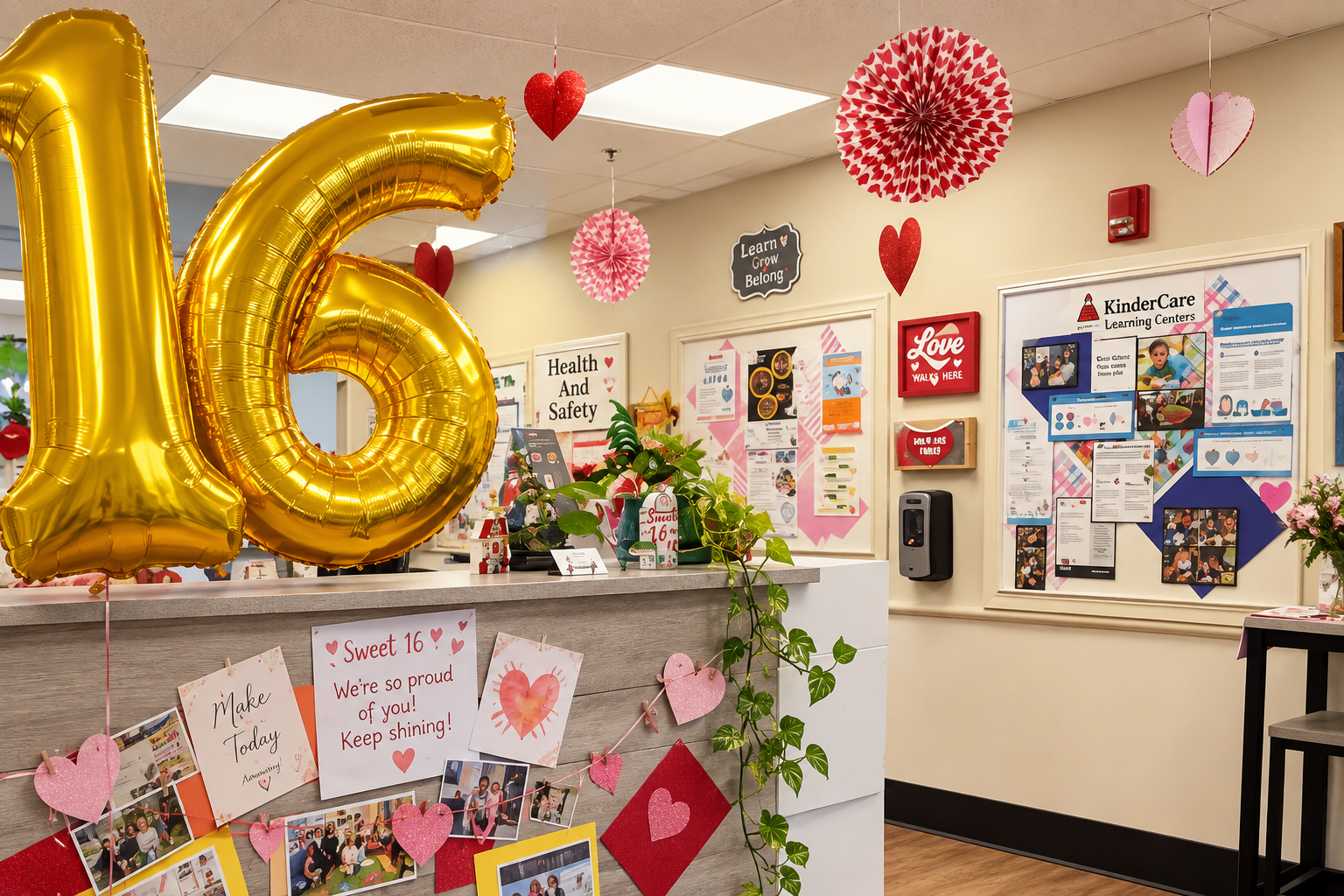 Sweet 16 celebration display in the center lobby with balloons, photographs and handwritten notes