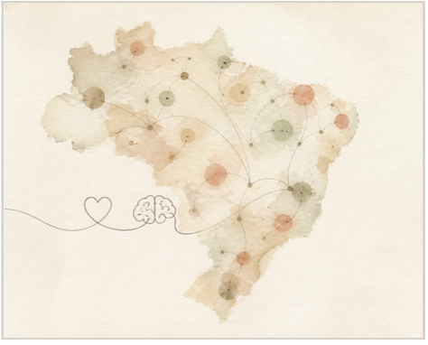 A soft watercolor map of Brazil dotted with warm terracotta and sage nodes connected by delicate hand-drawn lines, tracing how a single learning design reached many regions and realities.